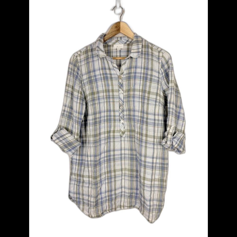 J. Jill Love Linen Plaid Button Tunic Top Rolltab Women’s Medium Classic Coastal